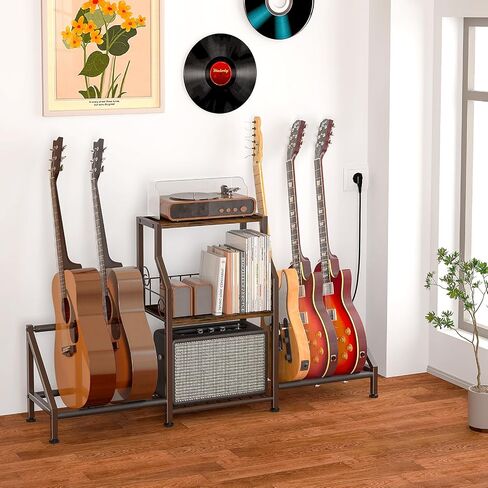 Coonoor Multi Guitar Stands Floor with 4 Guitar Holders, Electric Guitar Storage Rack for Bass, Amp Accessories, Guitar Holder Display for Home Studio, Retro Brown in Saudi Arabia