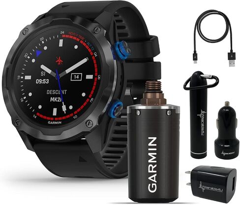 كمبيوتر الغوص Garmin Descent Mk2i على شكل ساعة (تيتانيوم مع حزام أسود) مع حزمة الطاقة Wearable4U in Saudi Arabia