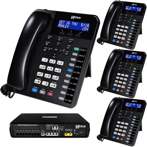 حزمة نظام هاتف XBLUE X16 للأعمال الصغيرة مع (4) هواتف - (6) خط خارجي و(16) سعة هاتف - تتضمن الرد الآلي والبريد الصوتي ومعرف المتصل والترحيل والاتصال الداخلي in Saudi Arabia