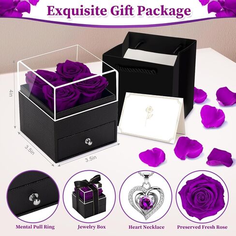 4 ورود أبدية في صندوق مع قلادة، هدية صندوق مجوهرات من الورود الأرجوانية لعيد الحب للأبد، هدايا زهور محفوظة لها، صديقة، زوجة، أم، هدايا نسائية لعيد الحب، عيد الميلاد، الذكرى السنوية in Kuwait