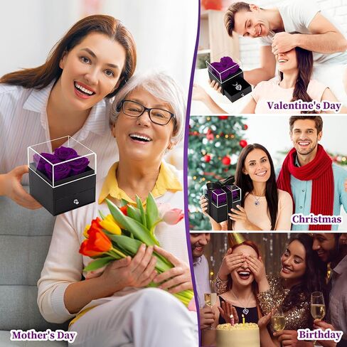 4 ورود أبدية في صندوق مع قلادة، هدية صندوق مجوهرات من الورود الأرجوانية لعيد الحب للأبد، هدايا زهور محفوظة لها، صديقة، زوجة، أم، هدايا نسائية لعيد الحب، عيد الميلاد، الذكرى السنوية in Kuwait