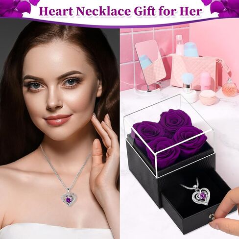 4 ورود أبدية في صندوق مع قلادة، هدية صندوق مجوهرات من الورود الأرجوانية لعيد الحب للأبد، هدايا زهور محفوظة لها، صديقة، زوجة، أم، هدايا نسائية لعيد الحب، عيد الميلاد، الذكرى السنوية in Kuwait
