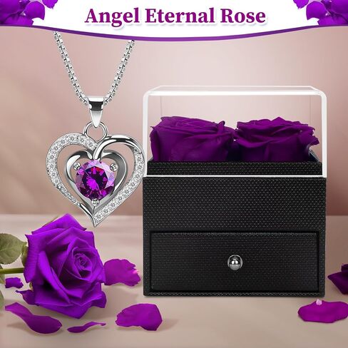 4 ورود أبدية في صندوق مع قلادة، هدية صندوق مجوهرات من الورود الأرجوانية لعيد الحب للأبد، هدايا زهور محفوظة لها، صديقة، زوجة، أم، هدايا نسائية لعيد الحب، عيد الميلاد، الذكرى السنوية in Kuwait