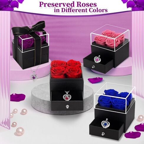 4 ورود أبدية في صندوق مع قلادة، هدية صندوق مجوهرات من الورود الأرجوانية لعيد الحب للأبد، هدايا زهور محفوظة لها، صديقة، زوجة، أم، هدايا نسائية لعيد الحب، عيد الميلاد، الذكرى السنوية in Kuwait