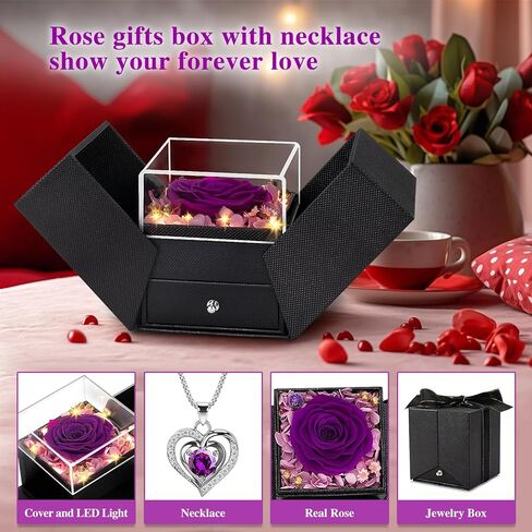 وردة محفوظة مع قلادة في صندوق هدايا، زهرة الورد الأبدي الأزرق هدايا عيد الحب لها، زوجة، صديقة، أم، هدايا نسائية لعيد الحب، عيد الميلاد، الذكرى السنوية، صندوق مجوهرات مع قلادة in Kuwait