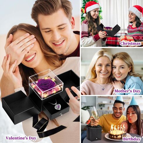 وردة محفوظة مع قلادة في صندوق هدايا، زهرة الورد الأبدي الأزرق هدايا عيد الحب لها، زوجة، صديقة، أم، هدايا نسائية لعيد الحب، عيد الميلاد، الذكرى السنوية، صندوق مجوهرات مع قلادة in Kuwait