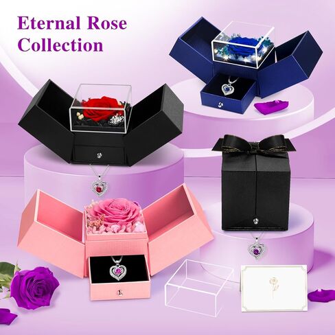 وردة محفوظة مع قلادة في صندوق هدايا، زهرة الورد الأبدي الأزرق هدايا عيد الحب لها، زوجة، صديقة، أم، هدايا نسائية لعيد الحب، عيد الميلاد، الذكرى السنوية، صندوق مجوهرات مع قلادة in Kuwait