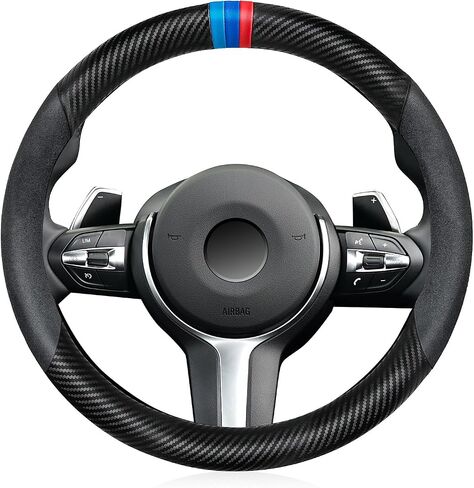 Carbon Fiber Steering Wheel Cover, Non-Slip and Sweat Absorbent, White 15" Steering Wheel Covers for X5 X3 Men Women, Black (Black with White ///) in Saudi Arabia