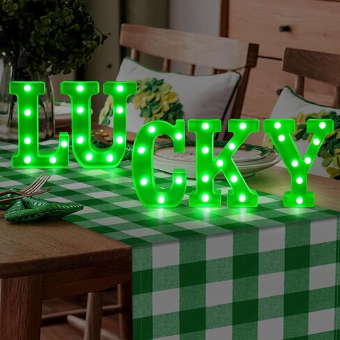 ديكورات يوم تيفسون سانت باتريك، ديكور يوم القديس باتريك - 5 أحرف مضيئة LED سرادق "محظوظ" مع أضواء خضراء لغطاء طاولة المنزل وديكور حفلات القديس باتريك الأيرلندي (البطاريات غير متضمنة) in Kuwait