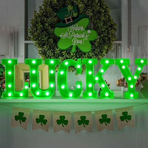 ديكورات يوم تيفسون سانت باتريك، ديكور يوم القديس باتريك - 5 أحرف مضيئة LED سرادق "محظوظ" مع أضواء خضراء لغطاء طاولة المنزل وديكور حفلات القديس باتريك الأيرلندي (البطاريات غير متضمنة) in Kuwait