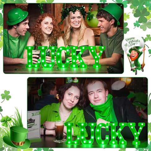 ديكورات يوم تيفسون سانت باتريك، ديكور يوم القديس باتريك - 5 أحرف مضيئة LED سرادق "محظوظ" مع أضواء خضراء لغطاء طاولة المنزل وديكور حفلات القديس باتريك الأيرلندي (البطاريات غير متضمنة) in Kuwait
