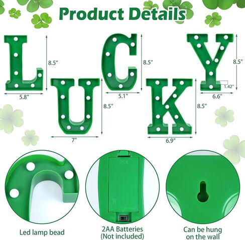 ديكورات يوم تيفسون سانت باتريك، ديكور يوم القديس باتريك - 5 أحرف مضيئة LED سرادق "محظوظ" مع أضواء خضراء لغطاء طاولة المنزل وديكور حفلات القديس باتريك الأيرلندي (البطاريات غير متضمنة) in Kuwait