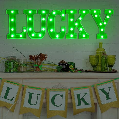 ديكورات يوم تيفسون سانت باتريك، ديكور يوم القديس باتريك - 5 أحرف مضيئة LED سرادق "محظوظ" مع أضواء خضراء لغطاء طاولة المنزل وديكور حفلات القديس باتريك الأيرلندي (البطاريات غير متضمنة) in Kuwait