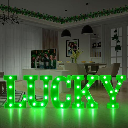 ديكورات يوم تيفسون سانت باتريك، ديكور يوم القديس باتريك - 5 أحرف مضيئة LED سرادق "محظوظ" مع أضواء خضراء لغطاء طاولة المنزل وديكور حفلات القديس باتريك الأيرلندي (البطاريات غير متضمنة) in Kuwait