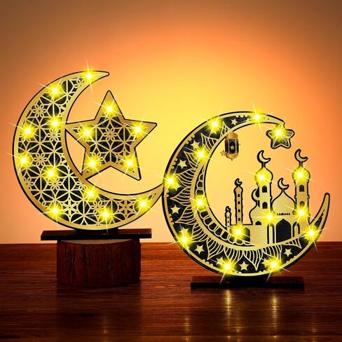 2 قطعة رمضان عيد مبارك الحرف اليدوية ضوء الليل ثلاثية الأبعاد أضواء نجمة القمر الخشبية زينة رمضان LED عيد مبارك مصباح ديكور رمضان علامة الطاولة لمستلزمات حفلات المنزل على الطاولة (أسود وذهبي) in Saudi Arabia