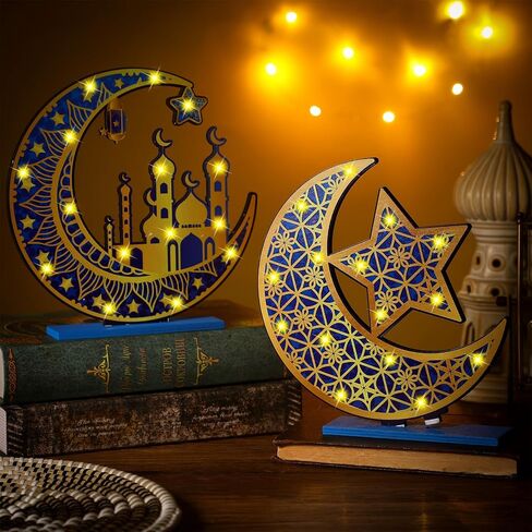 2 قطعة رمضان عيد مبارك الحرف اليدوية ضوء الليل ثلاثية الأبعاد أضواء نجمة القمر الخشبية زينة رمضان LED عيد مبارك مصباح ديكور رمضان علامة الطاولة لمستلزمات حفلات المنزل على الطاولة (أسود وذهبي) in Saudi Arabia