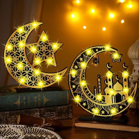 2 قطعة رمضان عيد مبارك الحرف اليدوية ضوء الليل ثلاثية الأبعاد أضواء نجمة القمر الخشبية زينة رمضان LED عيد مبارك مصباح ديكور رمضان علامة الطاولة لمستلزمات حفلات المنزل على الطاولة (أسود وذهبي) in Saudi Arabia