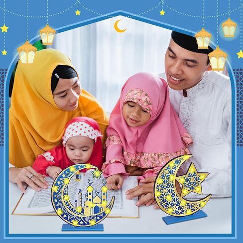 2 قطعة رمضان عيد مبارك الحرف اليدوية ضوء الليل ثلاثية الأبعاد أضواء نجمة القمر الخشبية زينة رمضان LED عيد مبارك مصباح ديكور رمضان علامة الطاولة لمستلزمات حفلات المنزل على الطاولة (أسود وذهبي) in Saudi Arabia