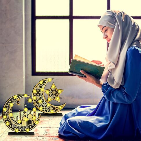 2 قطعة رمضان عيد مبارك الحرف اليدوية ضوء الليل ثلاثية الأبعاد أضواء نجمة القمر الخشبية زينة رمضان LED عيد مبارك مصباح ديكور رمضان علامة الطاولة لمستلزمات حفلات المنزل على الطاولة (أسود وذهبي) in Saudi Arabia