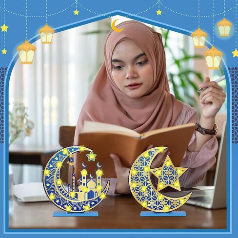 2 قطعة رمضان عيد مبارك الحرف اليدوية ضوء الليل ثلاثية الأبعاد أضواء نجمة القمر الخشبية زينة رمضان LED عيد مبارك مصباح ديكور رمضان علامة الطاولة لمستلزمات حفلات المنزل على الطاولة (أسود وذهبي) in Saudi Arabia
