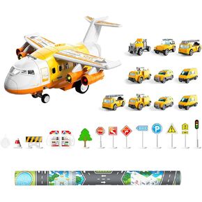 iHaHa Airplane Toys for 3 Year Old, Toy Airplane for Boys Kids Girls Age 4-7, Large Transport Spray Aeroplane Toys with 10 Firetruck Vehicles, 3 4 5 6 Year Old Boy Toys Chirstmas Birthday Gifts