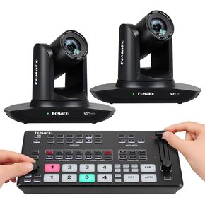 FoMaKo NDI Camera, AI Auto Tracking HDMI PTZ Camera 20x Optical Zoom(2pcs) +M1 Video Mixer switcher, for Church Services Worship Education,NDI PTZ Bundle (FMK20UH NDI-B x2 +M1)