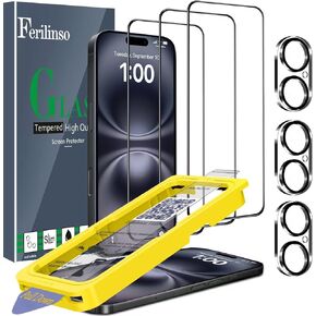 Ferilinso [Auto Dust Install] 3 Pack Screen Protector for iPhone 16 [Phone Case fit], 3 Tempered Glass Camera Lens Protector Accessories for Apple