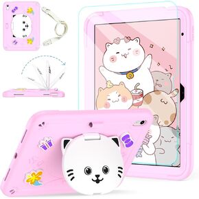 Case for iPad (A16) 11th 2025/10th Generation 10.9 Inch 2022 with Tempered Glass Screen Protector,Shockproof Kids Girls iPad Case 10th Gen with Cute Cat Stand/Shoulder Strap/Pencil Holder (Pink)