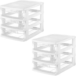 Tribello 3 Drawer Plastic Storage, Mini Drawer Unit, White Frame With Clear Drawers for Craft Storage - 10"L X 7.5"W X 8"H Inches - (2 Pack)