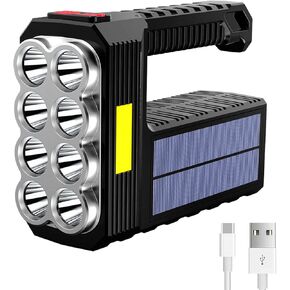 8 مصباح يدوي شمسي LED مع COB SIDELIGHT ، 1000 LUMENS CORMARS تعمل بالطاقة الشمسية أو شمسية أو USB شحن مصباح يدوي محمول بالماء مع 3 أوضاع لصيد التخييم في الهواء الطلق في الهواء الطلق