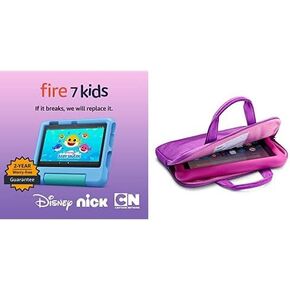 Amazon Fire 7 Kids tablet, 7" display 16GB (Blue) + Kids Zipper Sleeve (Pink)