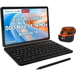 AGM PAD T2 11 inch Android 14 Tablet with Keyboard, Stylus, Wireless Bluetooth Earbuds Set, 500 Nits 1920*1200 FHD+ IPS Display, MTK G91, Widevine L1 & GMS Certified, (4+4)GB + 256GB[TF 1TB], 8000 mAh