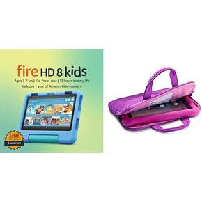 Amazon Fire 8 Kids tablet, 8" display 64GB (Blue) + Kids Zipper Sleeve (Pink)