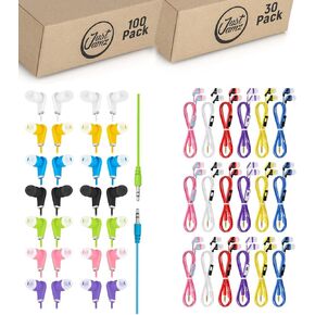 130-Pack: 100 Bulk Colorful Wired Earbuds + 30 Wired Earphones with Microphone | Multi-Color in-Ear Headphones for Schools, Libraries, Classrooms, & Events | Comfortable, Durable Bulk Earbuds