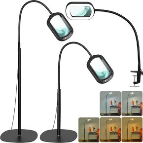 10X Rectangle Magnifying Glass with Light and Stand, 5 Color Modes Stepless Dimmable,Real Glass LED Magnifying Desk Lamp,Hands Free Clamp Lighted Magnifier for Reading Painting Close Work Craft Hobby