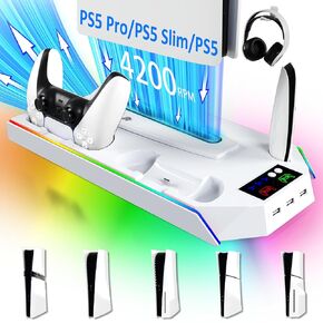 PS5 Pro Cooling Station and Stand with Dual Controller Charging Station for PlayStation 5 Console,PS5/Slim/Pro Accessories incl.Controller Charger,Cooling Fan,Headset Holder,3 USB Hub-RGB（Upgraded）
