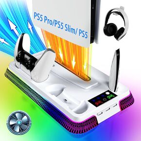 PS5 Cooling Station with PS5/Slim Charging Station fits PlayStation 5 Console, Includes PS5/Pro Controller Charger and PS5 Cooling Stand, PS5/Pro Vertical Stand,Headset Holder, 3 USB Hub