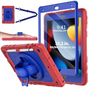 حالة شاشة IPAD 9th/8/7th الجيل المبني على الجيل ، مع حامل قلم رصاص وحزام يدوي دوار 360 درجة ، حزام الكتف ، لحالة iPad 10.2 بوصة 2021-2019 (أسود)
