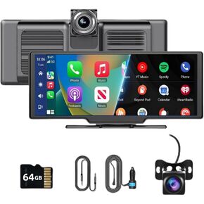 Portable Wireless Carplay Screen with Dash Cam, 9.3" HD Touchscreen for Car Wireless Carplay and Android Auto with Mirror Link, Backup Camera, TF Card, Voice Control, AUX, Navigation