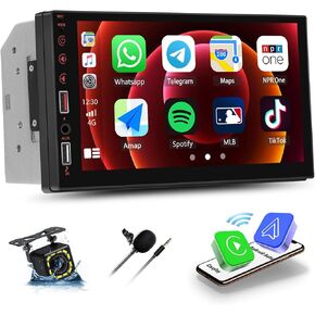 UNITOPSCI Double Din Wireless Carplay Android Auto Car Stereo, 7" IPS Touch Screen Car Audio Receiver with Bluetooth Hands-Free, Mirror Link, FM Car Radio, Backup Camera, EQ, USB/AUX in/SWC