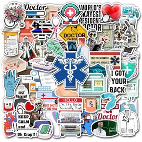 Pack 50 PCS Doctor Stickers Medical Equipment Patches Laptop Water Bottle Scrapbook Notebook Computer Vinyl Decals Waterproof Week Gift Appreciation for Doctors Nurse