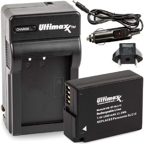 Ultimaxx AC/DC Home & Travel Charger مع بطارية BLC12 لـ Panasonic Lumix DC-FZ1000 II DC-G95 DMC-G85 DMC-GH2 DMC-G5 DMC-G6 DMC-G7 DMC-GX8 DMC-FZ200 DMC-FZ300 DMC-FZ1000 DMC-FZ2000