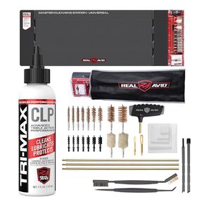 Real Avid Universal Master Cleaning Station and 4oz CLP Gun Cleaner and Lubricant - Gun Mat 43x16 Bore Brushes Jags, Patches, Rods, Picks, CLP Bottle