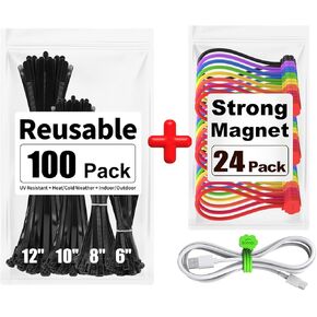 100 Pack Reusable Zip Ties + 24 Pack Magnetic Cable Ties Cute Cloud Design, Great for Bundling and Organizing