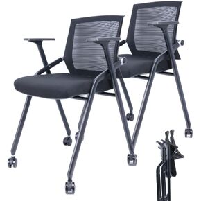 2 Pack Stackable Conference Room Chairs with Paddle Folding Office Chair Foldable Desk Chair Mesh Back and Arms for Conference Meeting Guest Reception Home Office Training Room Chair Black