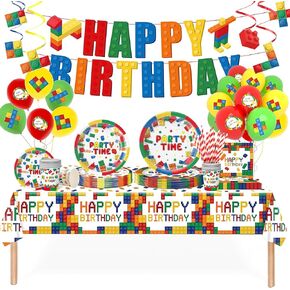 Birthday Party Decorations Happy Birthday Party Supplies Includes Colorful Tablecloth Banner Balloons Straws Plates Napkins Set for Boys Kid's Birthday Serve 24