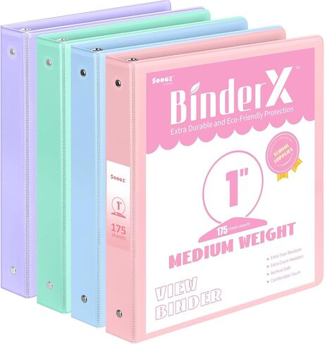 4 Pack Extra Durable 3 Ring Binders 1 Inch, Sooez 1" Three Ring Binder, Eco-Friendly & PVC Free, Customizable Clear View Cover for Letter Size 8.5 x 11'' Paper, Pastel School Office Supplies for Girl in Saudi Arabia