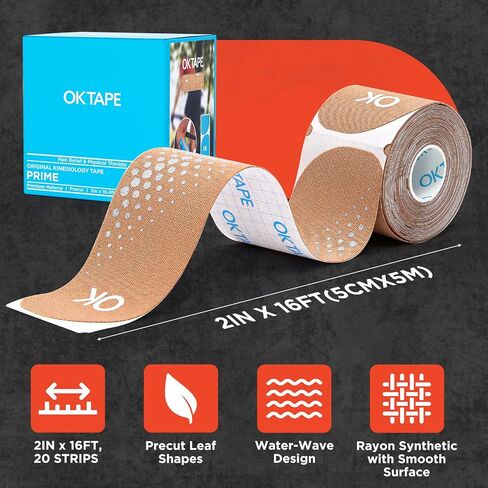 OK TAPE Synthetic Kinesiology Tape Precut Strips, Breathable Sports Athletic Tape for Joint & Muscle Pain, 2in×16.4ft Roll, Black in Kuwait