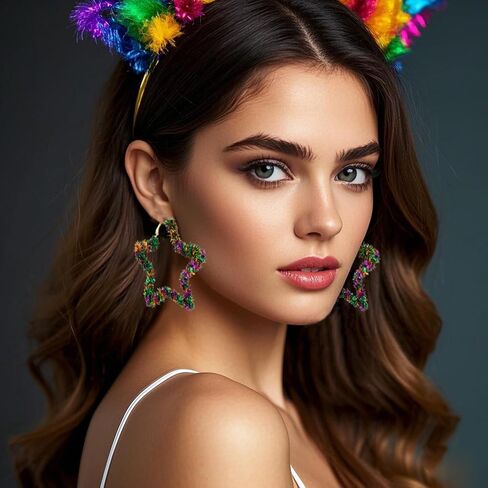 BVGA Mardi Gras Hoop Earrings for Women Oversized Geometric Square Star Purple Green Yellow Tinsel Wrapped Statement Hoop Earrings Jewelry Accessories Gifts for Fat Tuesday Carnival Parade Party in Kuwait