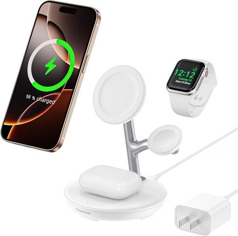 3 in 1 Magnetic Wireless Charger Stand for Apple Devices, TRIBONE Fast Charging Station for iPhone 16/15/14/13/12 Series, Apple Watch, Airpods (White) in Saudi Arabia
